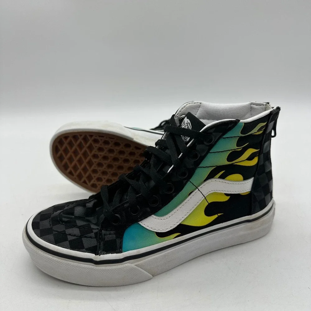 Vans 721454 Sk8‎ Hi Zip Kids Size 2.5 Youth Flame Checkered High Top Sneakers